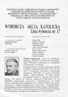 Ulotka wyborcza kandydata na senatora Komitetu Wyborczego "Wyborcza Akcja Katolicka" - Zdzisława Szpakowskiego