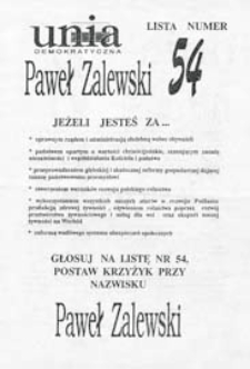Ulotka wyborcza kandydata na posła Komitetu Wyborczego Unii Demokratycznej w okręgu siedlecko-bialskopodlaskim - Pawła Zalewskiego