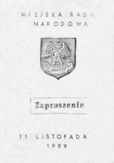 Zaproszenie Miejskiej Rady Narodowej na uroczystą sesję w dn. 11 listopada 1989 r. z okazji rocznicy odzyskania niepodległości