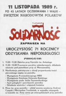11 Listopada 1989 r. po 45 latach oczekiwania i walki świętem narodowym Polaków : "Solidarność" zaprasza na uroczystość 71 lecia odzyskania niepodległości : afisz
