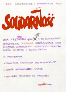 Informacja o zebraniu reaktywującym NSZZ "Solidarność" pracowników kultury w Białej Podlaskiej