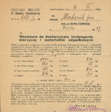 Wezwanie do dostarczenia kontyngentu starzyzny i materiałów odpadkowych wydane przez Zarząd Miasta Białej Podlaskiej w 1943 r. Janowi Makarukowi