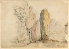 Uliczka ze starymi drzewami i osiołkiem [dokument ikonograficzny]