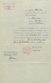 Pismo inspektora szkolnego pow. Biała Podlaska o przeniesieniu Jana Makaruka ze szkoły powszechnej w Komarnie na stanowisko nauczyciela 7-klasowej szkoły powszechnej w Białej Podlaskiej