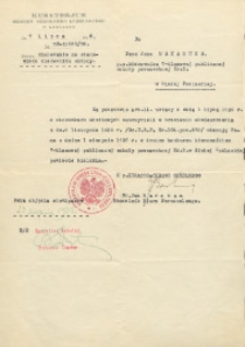 Pismo o nominacji Jana Makaruka na kierownika publicznej szkoły powszechnej nr 5 w Białej Podlaskiej