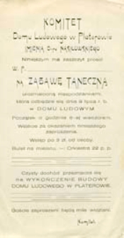 Zaproszenie Komitetu Domu Ludowego w Platerowie na zabawę taneczną