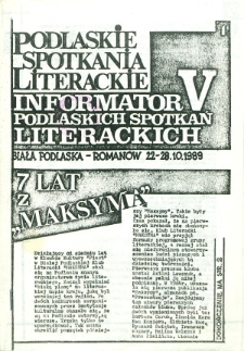 Podlaskie Spotkania Literackie : informator V Podlaskich Spotkań Literackich, Biała Podlaska - Romanów 22-28.10.1989 r.