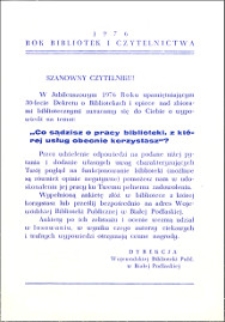[Ankieta] : [Inc.:] Rok bibliotek i czytelnictwa 1976 - Szanowny czytelniku! [...]