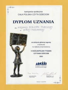 Dyplom uznania dla Miejskiej Biblioteki Publicznej w Białej Podlaskiej za zdobycie głównej nagrody w konkursie na najlepiej przeprowadzony II Tydzień