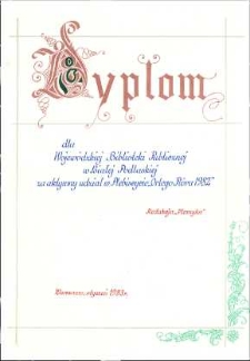 Dyplom dla Wojewódzkiej Biblioteki Publicznej w Białej Podlaskiej za aktywny udział w Plebiscycie "Orlego Pióra" 1982
