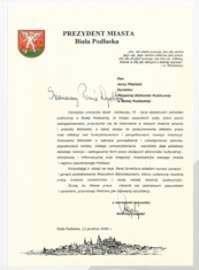 List gratulacyjny starosty bialskiego z okazji 70-lecia Miejskiej Biblioteki Publicznej w Białej Podlaskiej