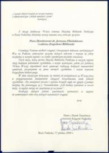 Życzenia z okazji jubileuszu 70-lecia Miejskiej Biblioteki Publicznej w Białej Podlaskiej