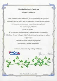 Życzenia okolicznościowe z okazji jubileuszu 70-lecia Miejskiej Biblioteki Publicznej w Białej Podlaskiej składane przez Miejski Ośrodek Kultury w Białej Podlaskiej