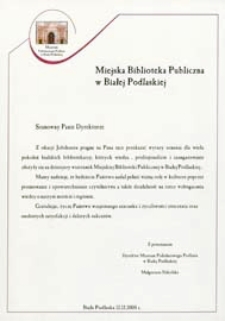 Życzenia okolicznościowe Muzeum Południowego Podlasia w Białej Podlaskiej z okazji jubileuszu 70-lecia Miejskiej Biblioteki Publicznej w Białej Podlaskiej