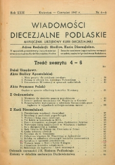 Wiadomości Diecezjalne Podlaskie : miesięcznik urzędowy Kurii Diecezjalnej R. 23 (1947) nr 4-6