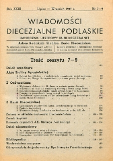 Wiadomości Diecezjalne Podlaskie : miesięcznik urzędowy Kurii Diecezjalnej R. 23 (1947) nr 7-9