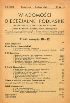 Wiadomości Diecezjalne Podlaskie : miesięcznik urzędowy Kurii Diecezjalnej R. 23 (1947) nr 10-12