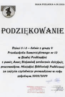 Podziękowanie Przedszkola Samorządowego nr 13 za zajęcia czytelnicze prowadzone w roku 2008/2009