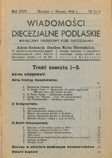 Wiadomości Diecezjalne Podlaskie : organ urzędowy Kurii Diecezjalnej R. 24 (1948) nr 1-3