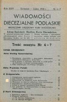 Wiadomości Diecezjalne Podlaskie : organ urzędowy Kurii Diecezjalnej R. 24 (1948) nr 4-7