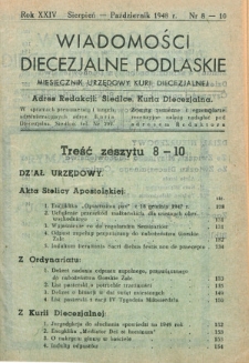 Wiadomości Diecezjalne Podlaskie : organ urzędowy Kurii Diecezjalnej R. 24 (1948) nr 8-10