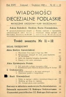 Wiadomości Diecezjalne Podlaskie : organ urzędowy Kurii Diecezjalnej R. 24 (1948) nr 11-12
