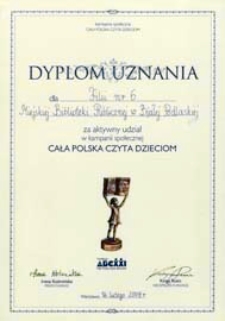 Dyplom uznania dla Filii nr 6 Miejskiej Biblioteki Publicznej w Białej Podlaskiej za aktywny udział w kampanii społecznej "Cała Polska czyta dzieciom"