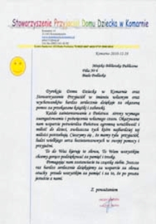 Druk ulotny: [Inc.:] Dyrekcja Domu Dziecka w Komarnie oraz Stowarzyszenie Przyjaciól w imieniu własnym oraz wychowanków bardzo serdecznie dziekuje za okazaną pomoc, za przekazane książki i zabawki [...]