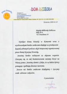 Druk ulotny: [Inc.:] Dyrektor Domu Dziecka w Komarnie wraz z wychowankami bardzo serdecznie dziękuje za przekazanie książek zebranych podczas akcji świątecznej organizowanej przez Panią Krystynę Nowicką [...]