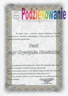 Druk ulotny : [Inc.:] Podziękowanie Pani Krystynie Nowickiej za przekazanie darów książkowych w ilości 246 woluminów, które zostały włączone do księgozbioru biblioteki naszego Zespołu Szkół [...]