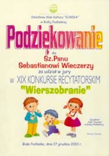 Druk ulotny : [Inc.] Podziękowanie Sz. P. Sebastianowi Wieczerzy za udział w jury w XIX Konkursie Recytatorskim "Wierszobranie", 17.12.2010 r.
