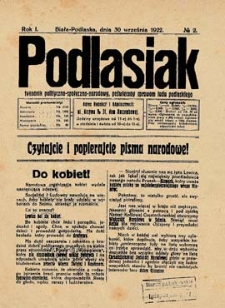 Podlasiak : tygodnik polityczno-społeczno-narodowy, poświęcony sprawom ludu podlaskiego R. 1(1922)