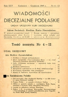 Wiadomości Diecezjalne Podlaskie : organ urzędowy Kurii Diecezjalnej R. 25 (1949) nr 4-12