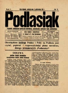 Podlasiak : tygodnik polityczno-społeczno-narodowy, poświęcony sprawom ludu podlaskiego R. 1(1922) nr 3