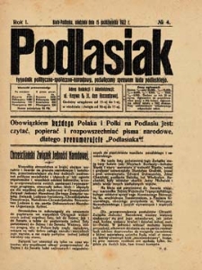 Podlasiak : tygodnik polityczno-społeczno-narodowy, poświęcony sprawom ludu podlaskiego R. 1(1922) nr 4