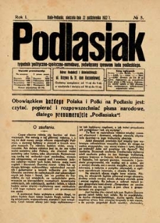 Podlasiak : tygodnik polityczno-społeczno-narodowy, poświęcony sprawom ludu podlaskiego R. 1(1922) nr 5