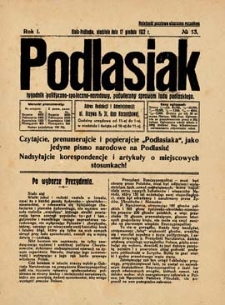 Podlasiak : tygodnik polityczno-społeczno-narodowy, poświęcony sprawom ludu podlaskiego R. 1(1922) nr 13