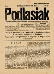 Podlasiak : tygodnik polityczno-społeczno-narodowy, poświęcony sprawom ludu podlaskiego R. 1(1922) nr 14
