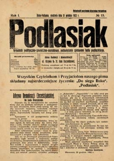 Podlasiak : tygodnik polityczno-społeczno-narodowy, poświęcony sprawom ludu podlaskiego R. 1(1922) nr 15