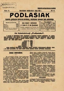 Podlasiak : tygodnik polityczno-społeczno-narodowy, poświęcony sprawom ludu podlaskiego R. 2 (1923) nr 6