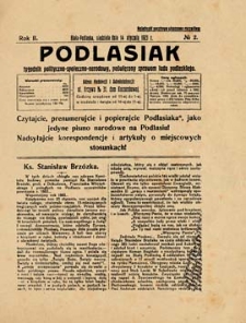 Podlasiak : tygodnik polityczno-społeczno-narodowy, poświęcony sprawom ludu podlaskiego R. 2 (1923) nr 2