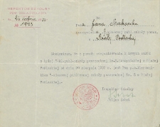 Zaświadczenie : [Inc.:]: Stwierdzam, że [...] od dnia20 sierpnia 1933 r. Jan Makaruk jest kierownikiem 7-klasowej publicznej szkoły powszechnejnr 5 w Białej Podlaskiej [...]