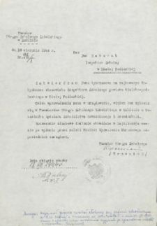 Pismo Kuratora Okręgu Szkolnego Lubelskiego w Lublinie zatwierdzające Jana Makaruka tymczasowo na zajmowanym dotychczas stanowisku Inspektora Szkolnego powiatu bialskopodlaskiego w Białej Podlaskiej