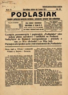 Podlasiak : tygodnik polityczno-społeczno-narodowy, poświęcony sprawom ludu podlaskiego R. 2 (1923) nr 22