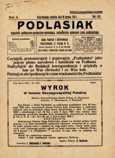 Podlasiak : tygodnik polityczno-społeczno-narodowy, poświęcony sprawom ludu podlaskiego R. 2 (1923) nr 23