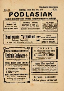 Podlasiak : tygodnik polityczno-społeczno-narodowy, poświęcony sprawom ludu podlaskiego R. 3 (1924) nr 25