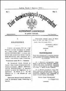 Zbi&oacute;r Obowiązujących Rozporządzeń Komisarza Ludowego na Powiat Łukowski R. 1 (1919) nr 1