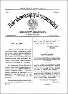 Zbiór Obowiązujących Rozporządzeń Komisarza Ludowego na Powiat Łukowski R. 1 (1919) nr 1