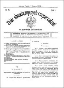 Zbi&oacute;r Obowiązujących Rozporządzeń w Powiecie Łukowskim R. 1 (1919) nr 10