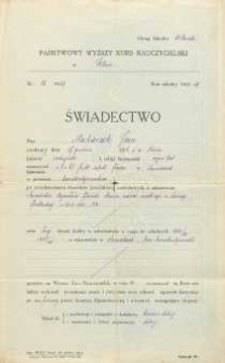 Świadectwo ukończenia przez Jana Makaruka Państwowego Wyższego Kursu Nauczycielskiego w Wilnie